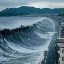 A large tsunami wave advancing toward a coastline.