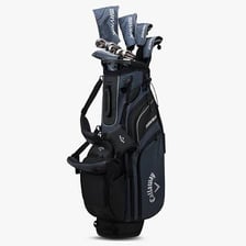 A set of golf clubs arranged in a golf bag.