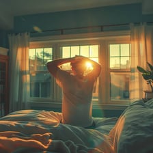 A person waking up in bed as sunlight enters the room