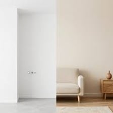 A sparsely furnished room with plain walls and minimal decoration