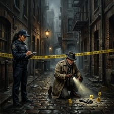A detective examining clues in a classic murder-mystery investigation