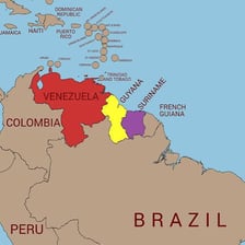 A map showing Guyana next to Venezuela on the northern coast of South America.