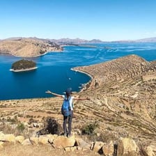 A landscape view of Lake Titicaca along the Peru-Bolivia border