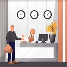 Person receiving a key from an office counter