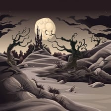 An eerie, frightening scene with a nightmarish atmosphere