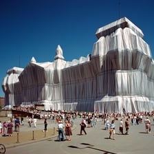 A large architectural structure covered in fabric as part of a Christo artwork.