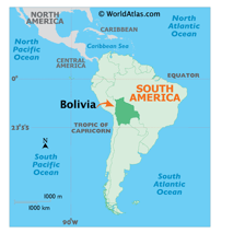 A map of South America showing Bolivia northwest of Paraguay.