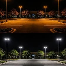 A row of illuminated lampposts lining a city sidewalk.