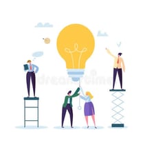 An illustration of a person imagining a fanciful idea represented by a lightbulb.