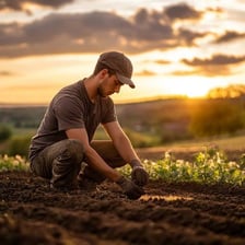 A person placing seeds or a young plant into freshly prepared soil