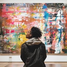 A person viewing an artwork with evident appreciation in a gallery.