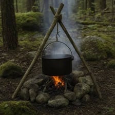 A campsite showing practical outdoor-living skills, including shelter and campfire use.
