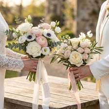 Flower bouquets carried by brides at a wedding ceremony