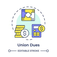 Illustration of workers organized in a labor union and paying membership dues.