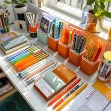 A desk with objects arranged in a neat, orderly way.