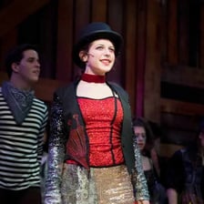 A theatrical performance with deliberately exaggerated costumes and acting.