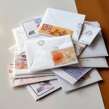 A stack of paper envelopes prepared for postal delivery