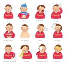 An educational illustration representing several illnesses and symptoms