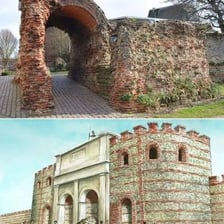 A historic view of Colchester in Essex, England, with Roman-era remains.