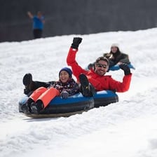 People preparing to sled from the top of a snow-covered hill