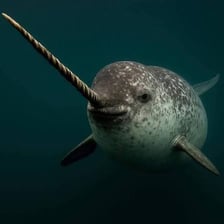 A narwhal swimming with its long tusk visible.