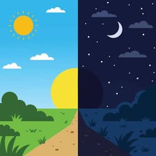 A landscape shown in contrasting daytime and nighttime conditions.