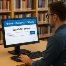 A librarian recording books in a catalog