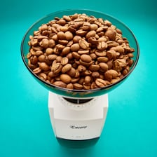 A coffee grinder breaking whole beans into fine grounds.