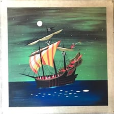 Mr. Smee depicted aboard the Jolly Roger pirate ship in Peter Pan