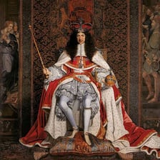 A historical depiction of people supporting a monarch.