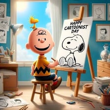 Portraits of cartoonists Charles Schulz, Gary Larson, and Hergé