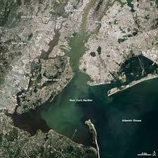 Aerial view of Staten Island surrounded by the waters of New York Bay.