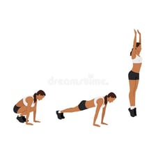 A person performs a burpee, moving from a squat thrust into a jump.