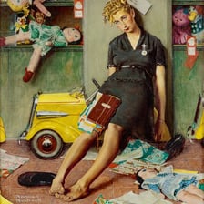 A nostalgic Americana painting by Norman Rockwell depicting an everyday scene.