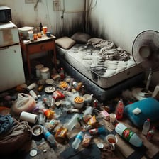 A room visibly covered with dirt and scattered garbage.