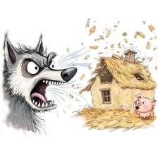 An illustration of the Big Bad Wolf blowing toward a pig’s house