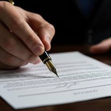 A hand writes a signature on a document.