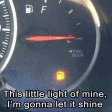 A tired person beside a car showing an empty fuel gauge.
