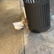 An unwanted object placed beside a trash bin