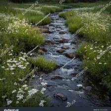 A narrow brook flowing over stones through a wooded area.