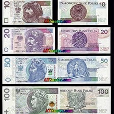 Polish zloty banknotes used as the currency of Poland.