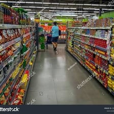 A spacious hypermarket interior with grocery aisles and other retail departments.