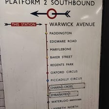 A London Underground train or station identified with the Bakerloo line