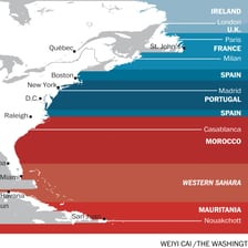 Map showing the Atlantic Ocean between Europe and North America