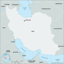 A map showing the Caspian Sea north of Tehran in Iran.