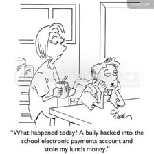 A schoolyard scene depicting a bully demanding another student's lunch money.