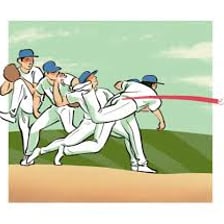 A baseball pitch traveling high and inside toward a batter.