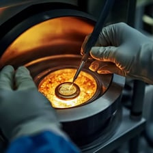 A scientist testing a small gold sample for purity in a laboratory.