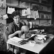 A wigmaker working on a wig in a workshop