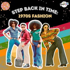 People wearing colorful bell-bottoms and other 1970s-style clothing.